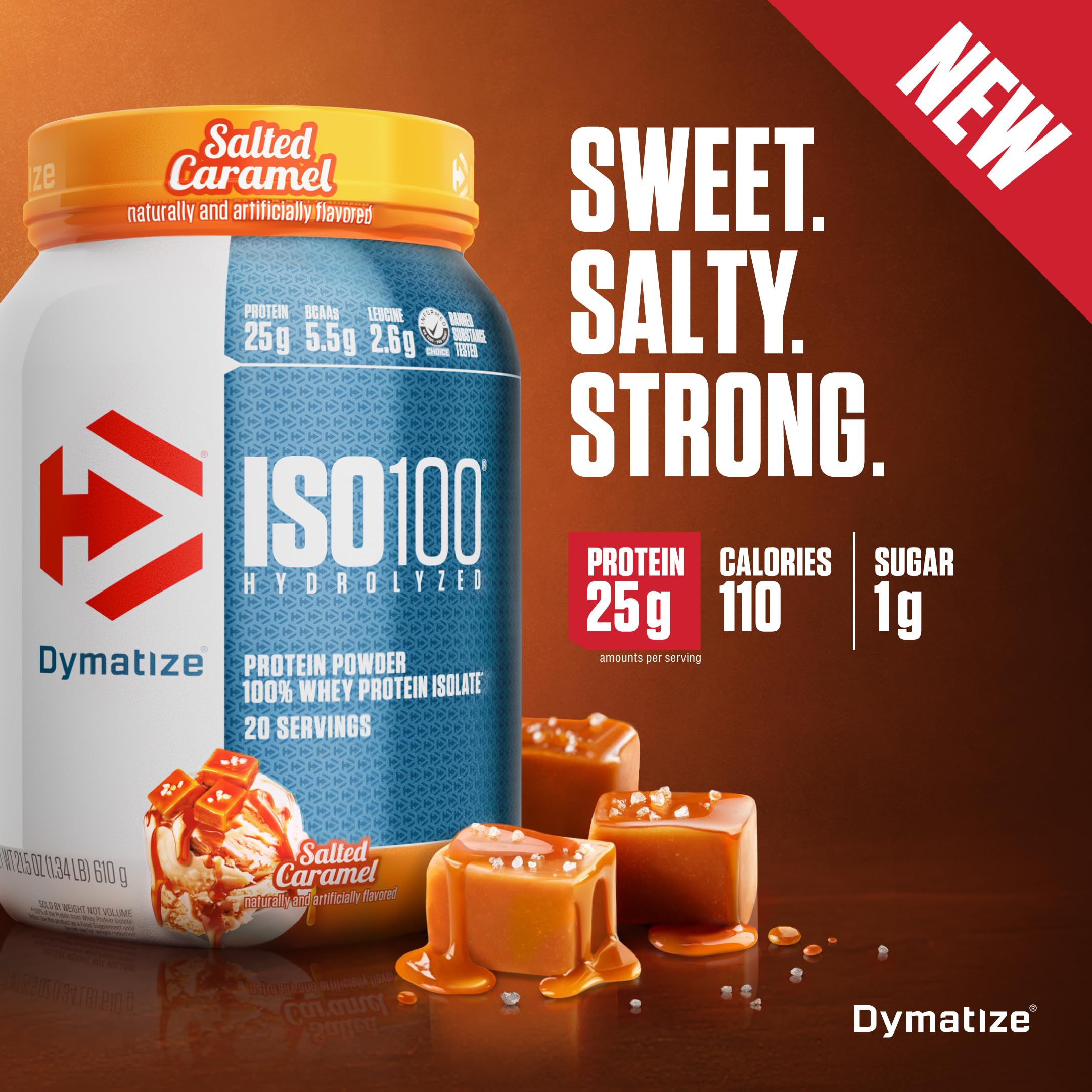 Dymatize ISO100 salted caramel label emphasizes clean macros and high-quality ingredients