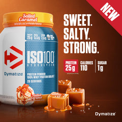 Dymatize ISO100 salted caramel label emphasizes clean macros and high-quality ingredients