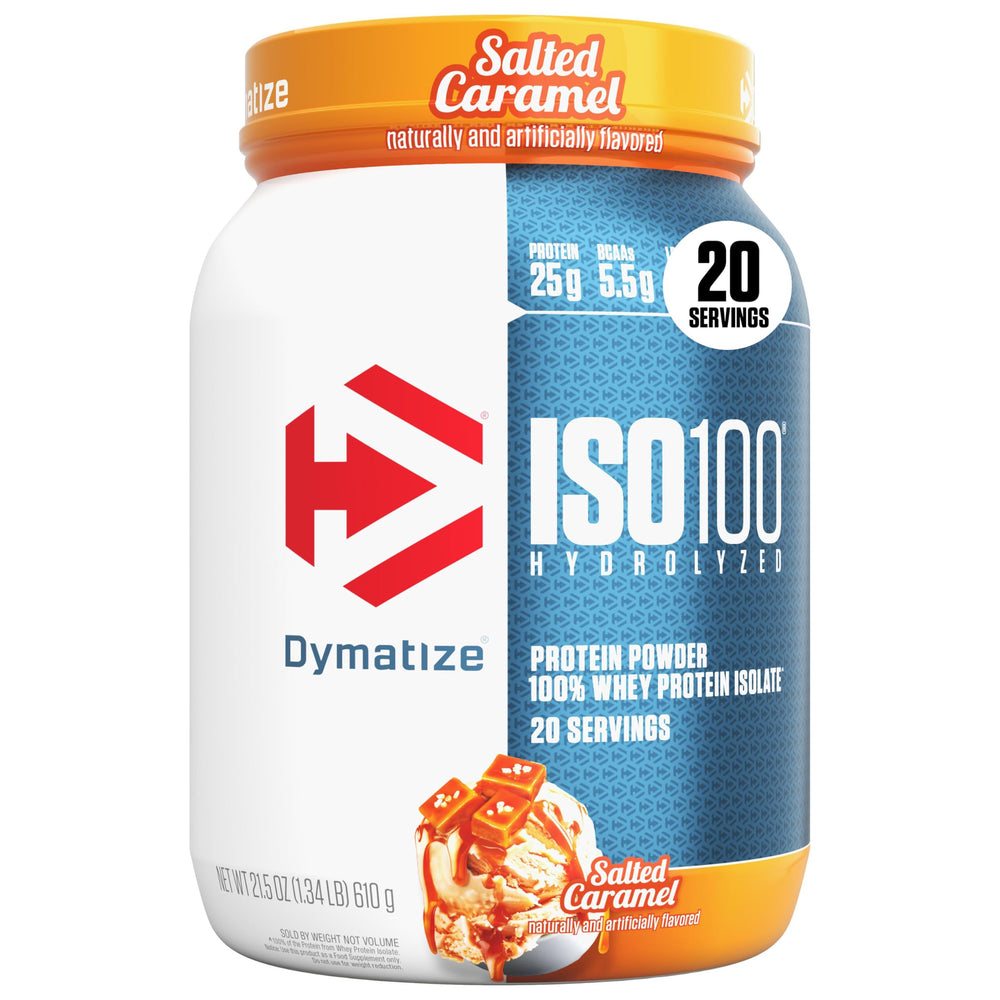 Dymatize ISO100 salted caramel tub front highlights premium protein for daily nutrition