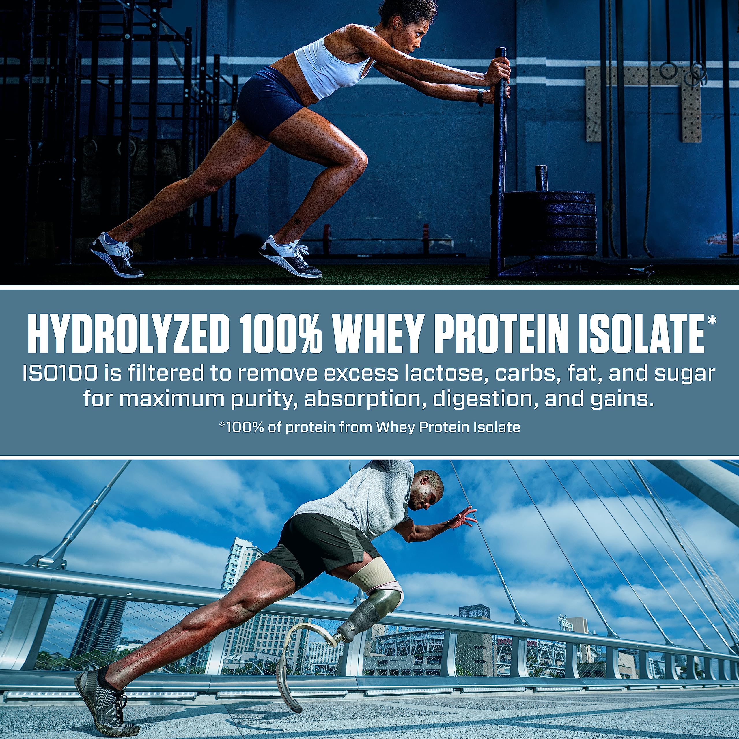 Dymatize ISO100 serving stack emphasizes 20 servings per tub