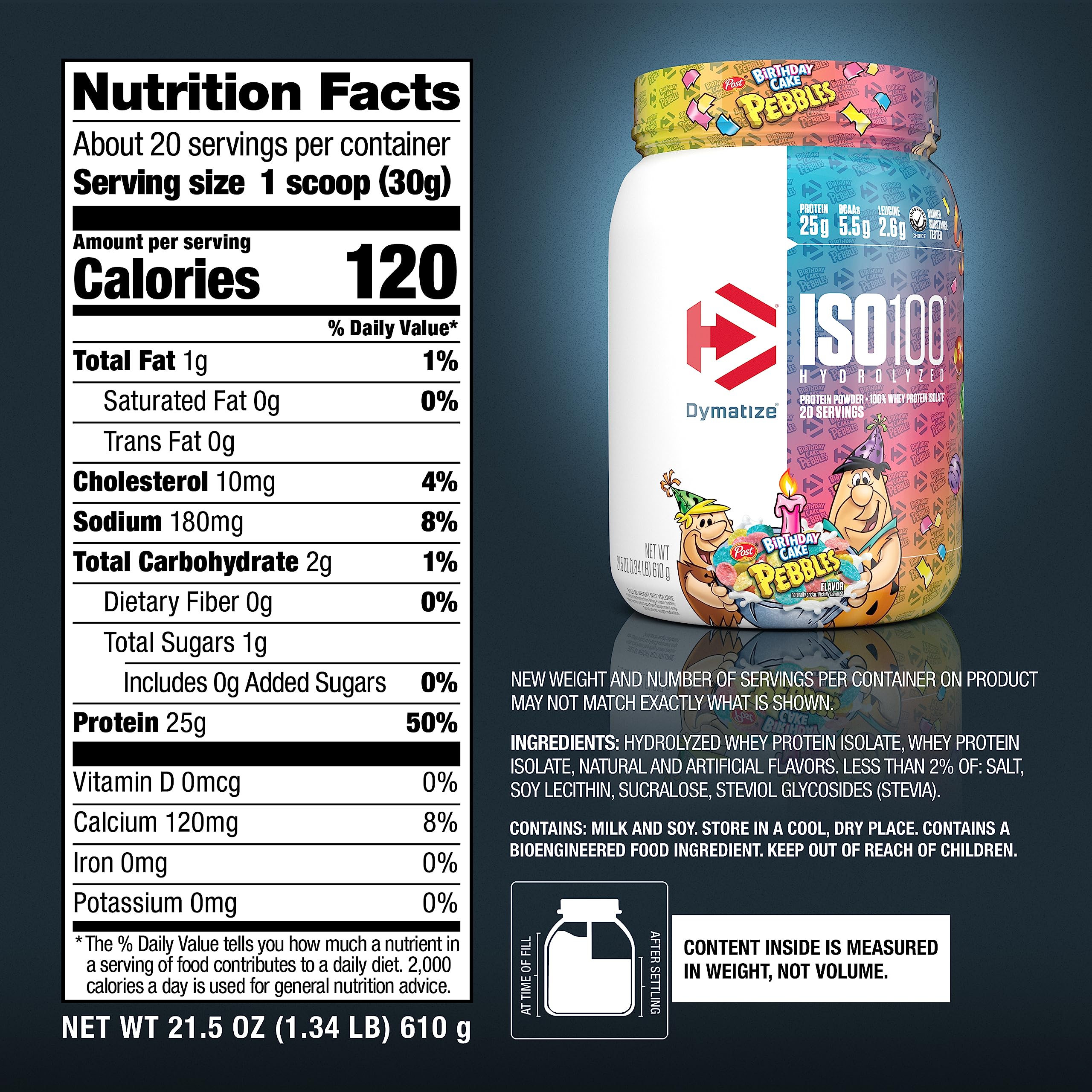 Dymatize ISO100 tub label closeup highlighting purity and quality
