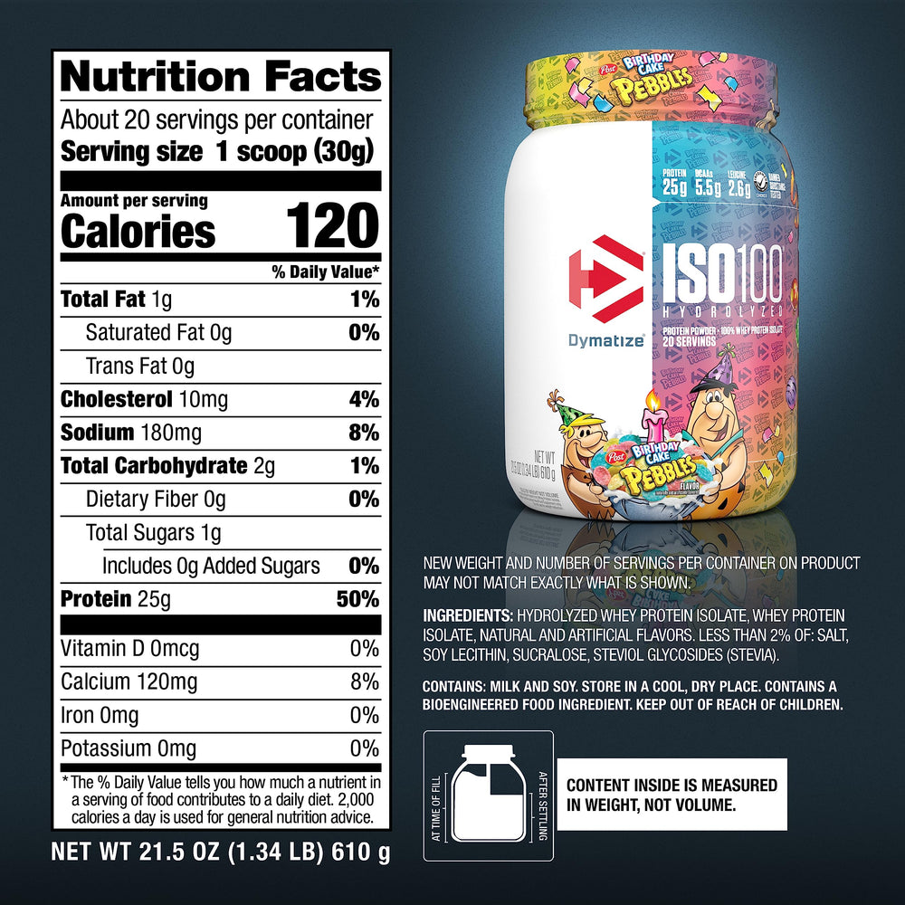 Dymatize ISO100 tub label closeup highlighting purity and quality