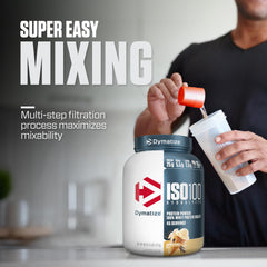 Dymatize ISO100 vanilla nutrition panel highlights clean macros.