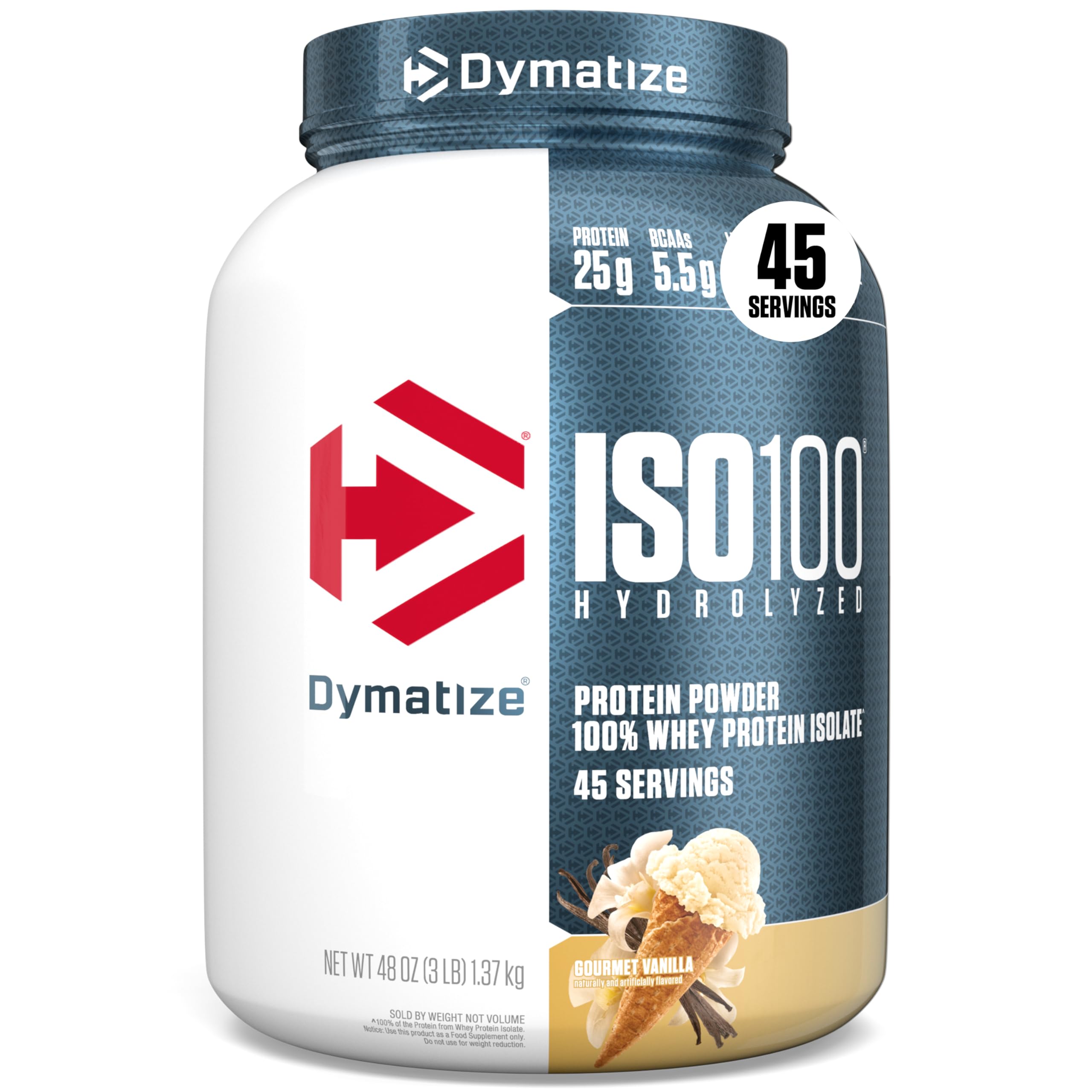 Dymatize ISO100 vanilla powder tub for quick protein after workouts.