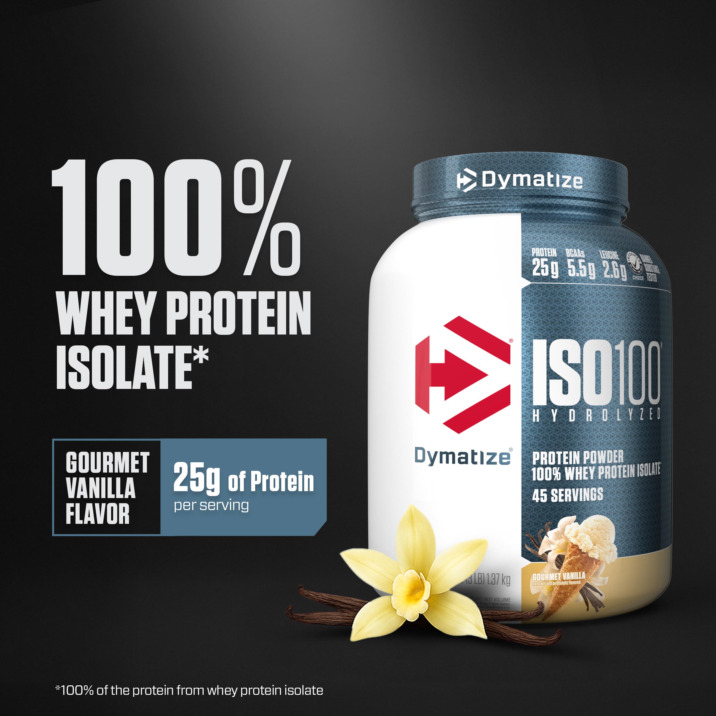 Dymatize ISO100 vanilla shake in glass for fast absorption after training.