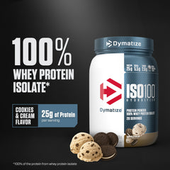 Dymatize ISO100 cookies & cream glass with prepared shake for quick post-workout protein.