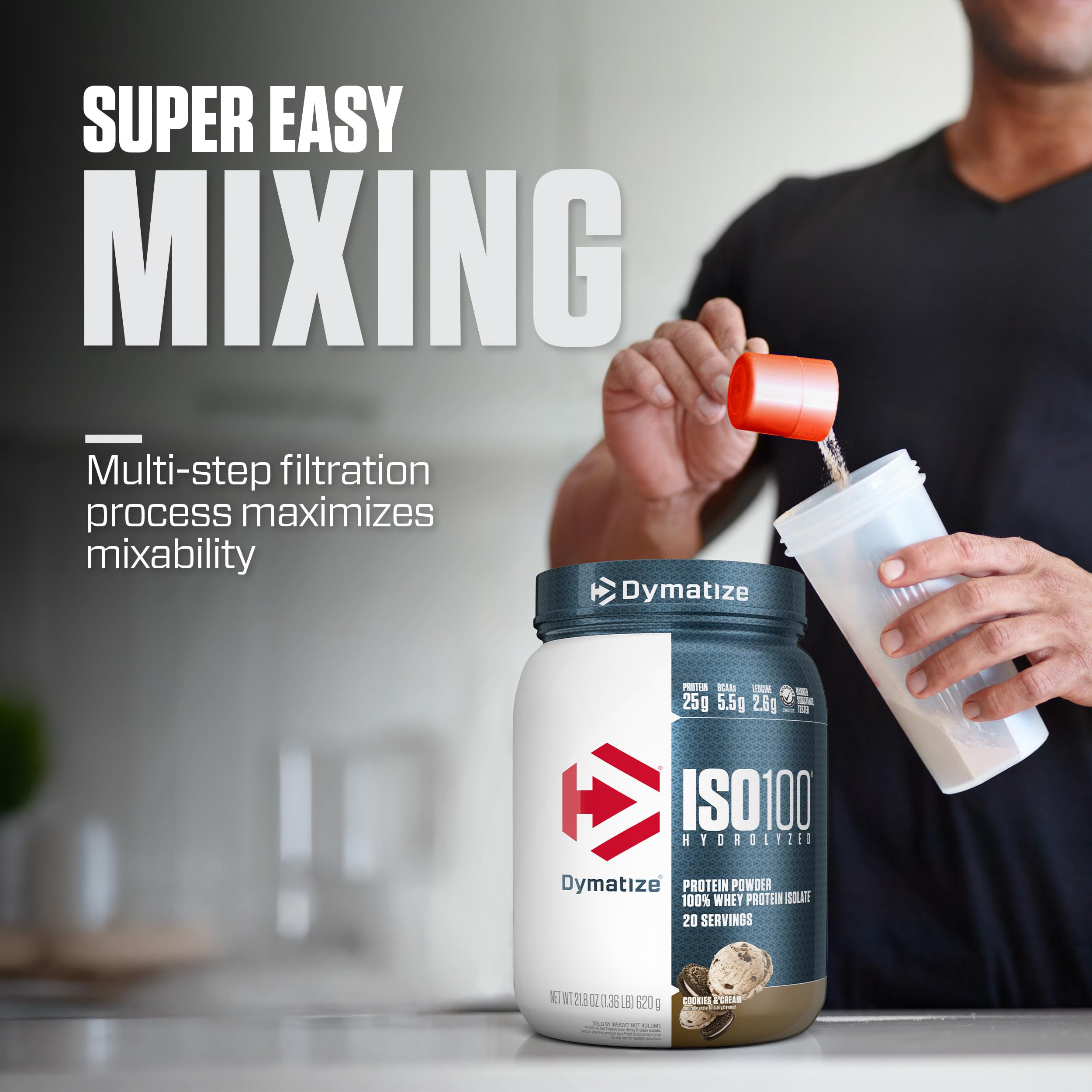 Dymatize ISO100 label design emphasizes purity and quality standards.