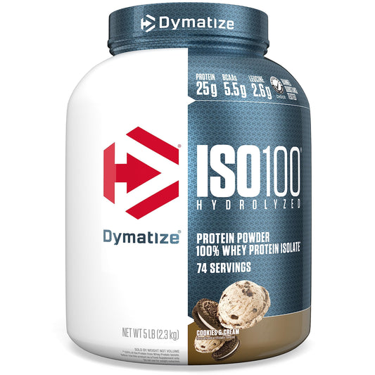 Dymatize ISO100 whey protein powder can for a quick protein boost after workouts