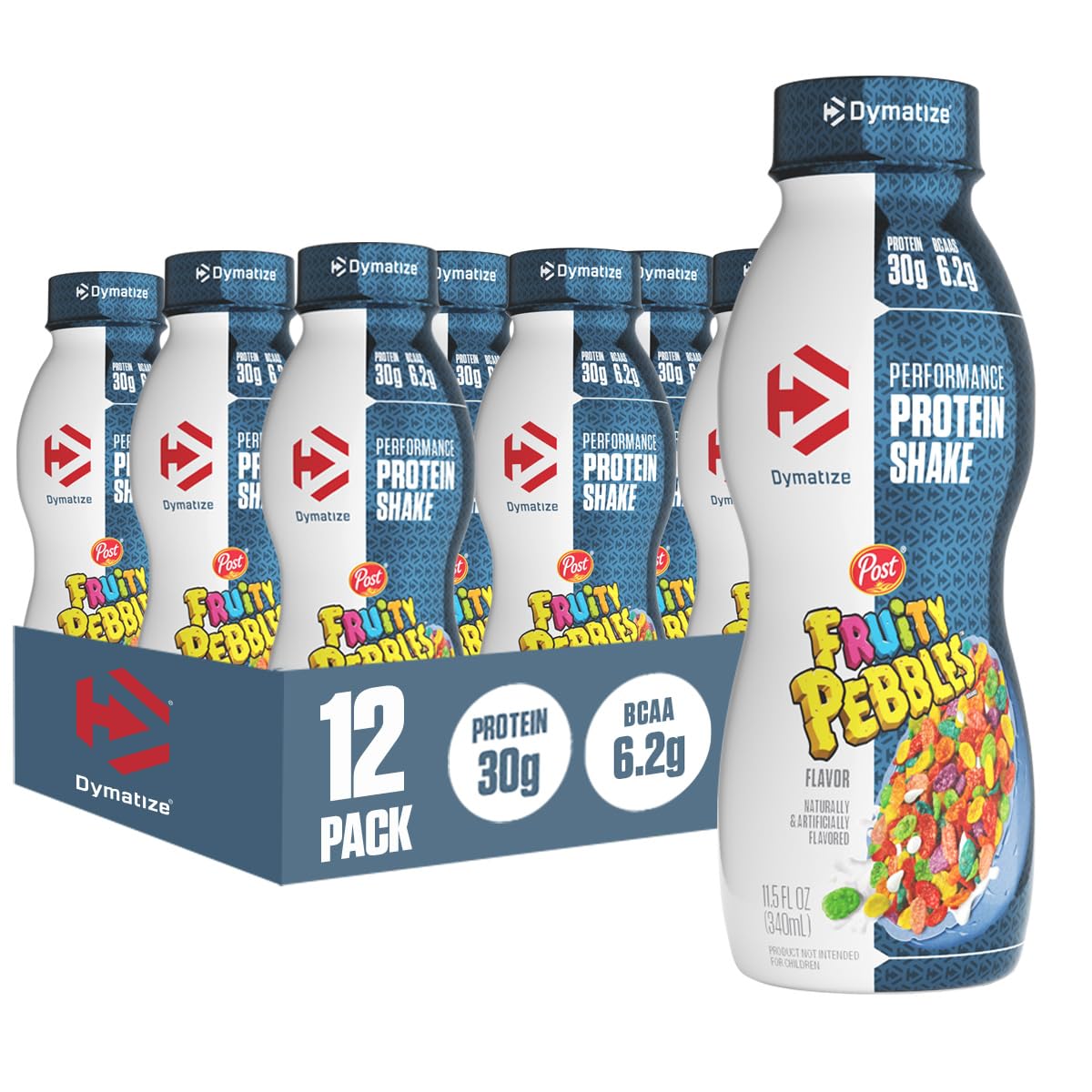 Dymatize Performance Protein Shake Fruity Pebbles bottle front view, gluten-free and ready to drink