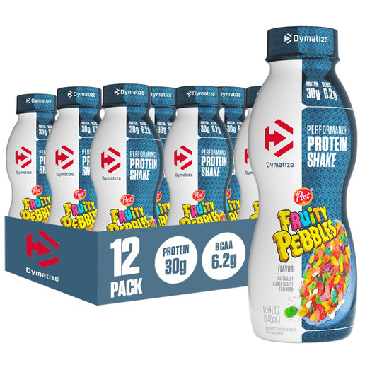 Dymatize Performance Protein Shake Fruity Pebbles bottle front view, gluten-free and ready to drink