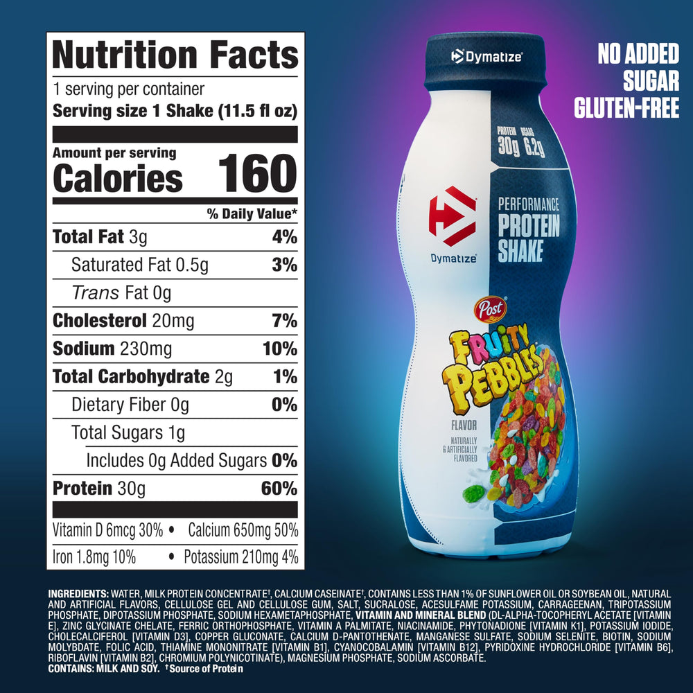 Dymatize Performance Protein Shake Fruity Pebbles glass pour highlights flavor and on-the-go option