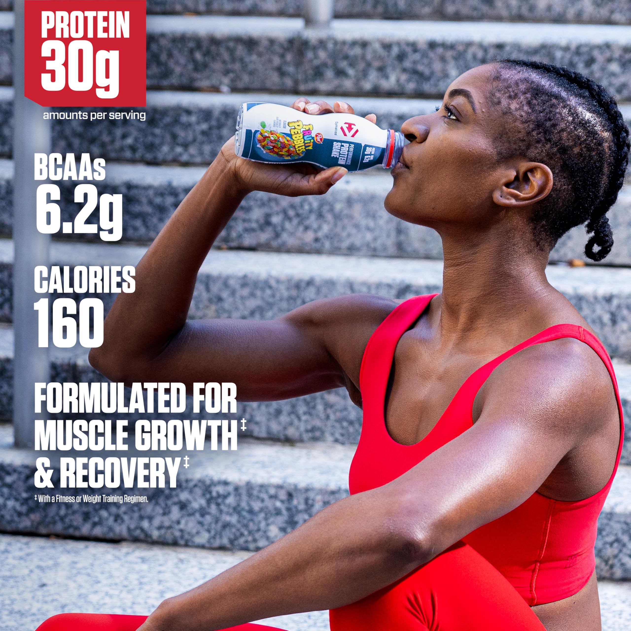 Dymatize Performance Protein Shake Fruity Pebbles gluten-free label close-up, no added sugar