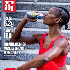 Dymatize Performance Protein Shake Fruity Pebbles gluten-free label close-up, no added sugar