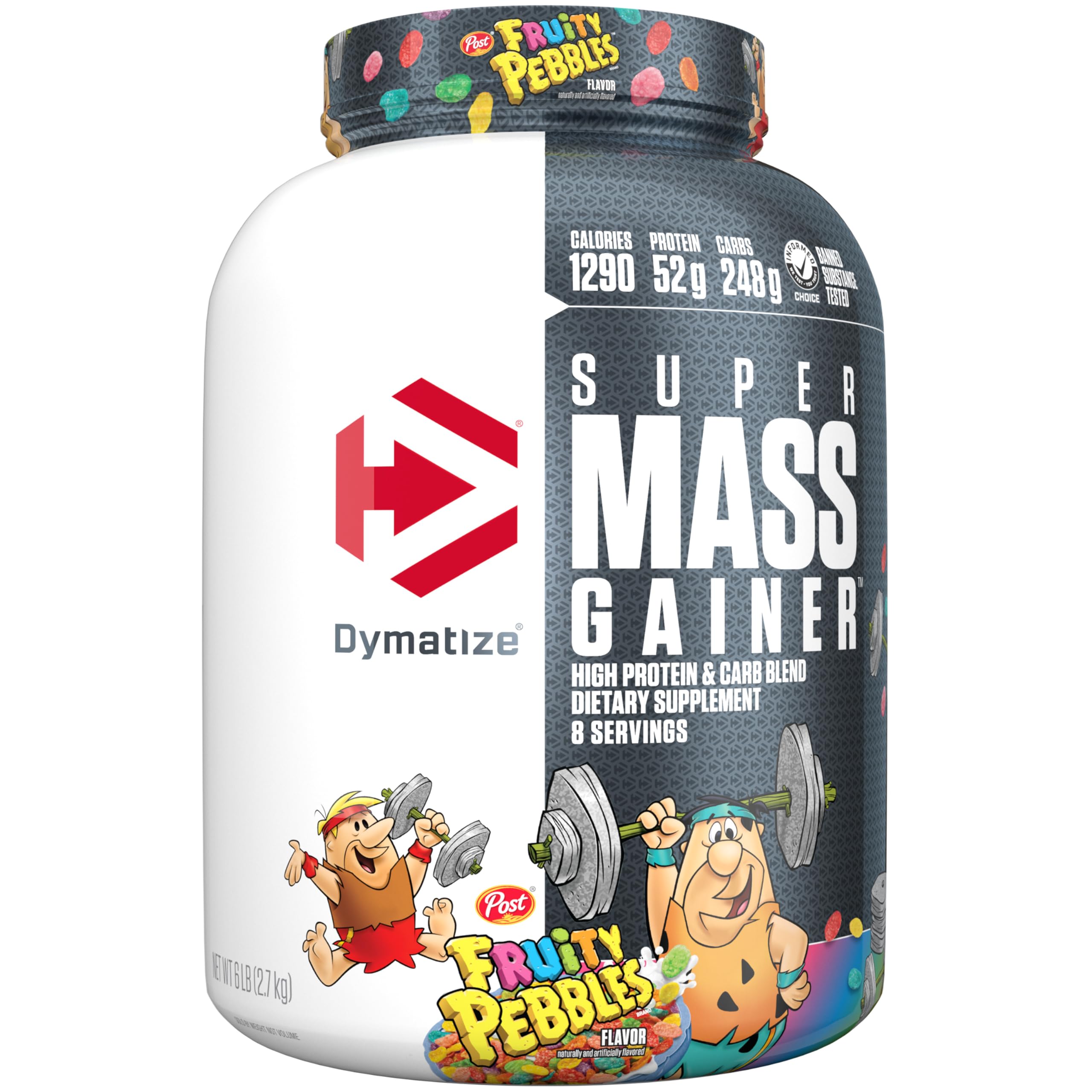 Dymatize Super Mass Gainer Fruity Pebbles tub boosts mass gain potential.