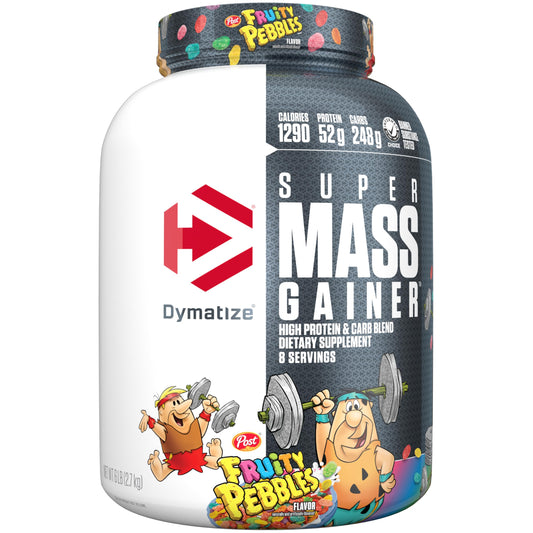 Dymatize Super Mass Gainer Fruity Pebbles tub boosts mass gain potential.