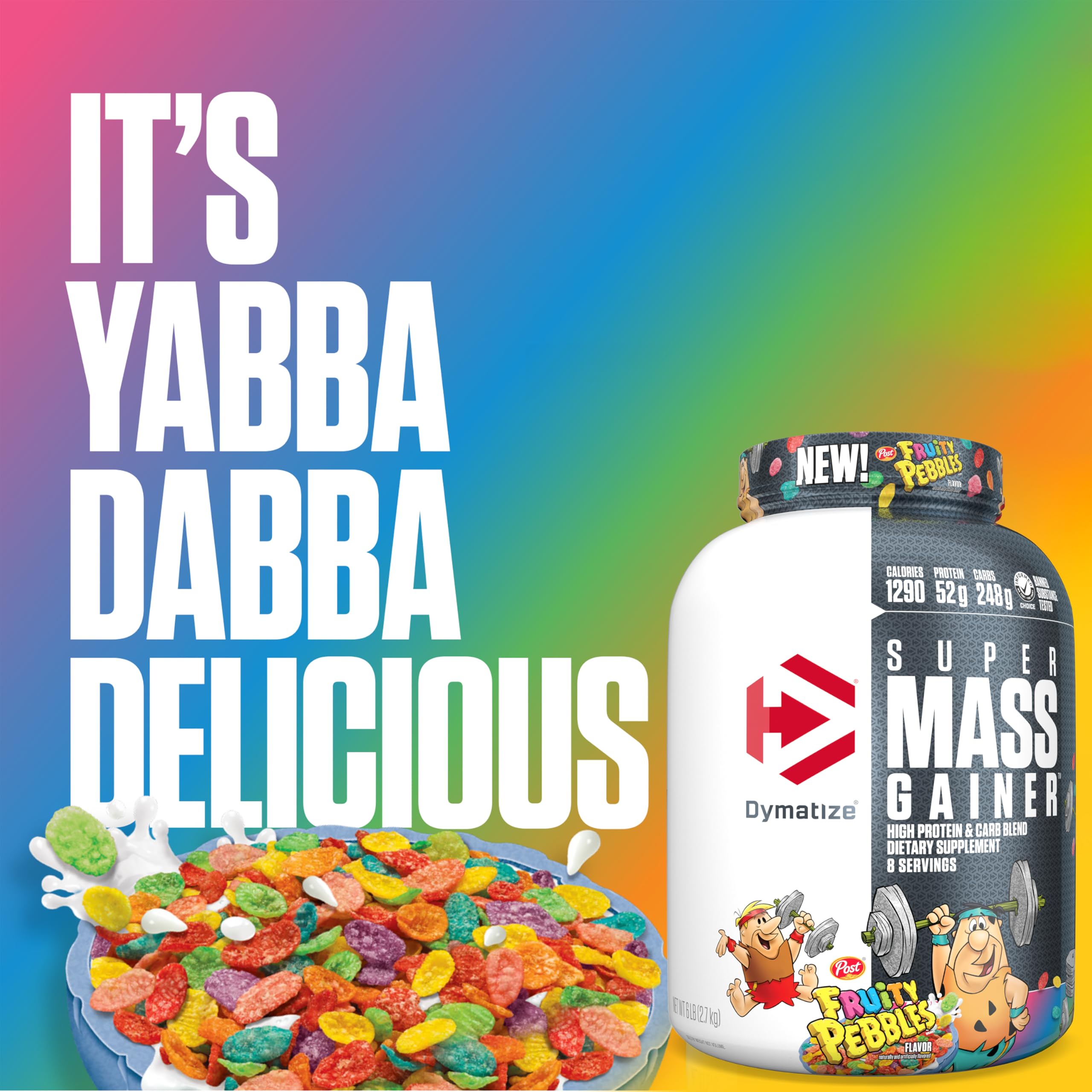 Dymatize Super Mass Gainer nutrition panel highlights calories per serving.