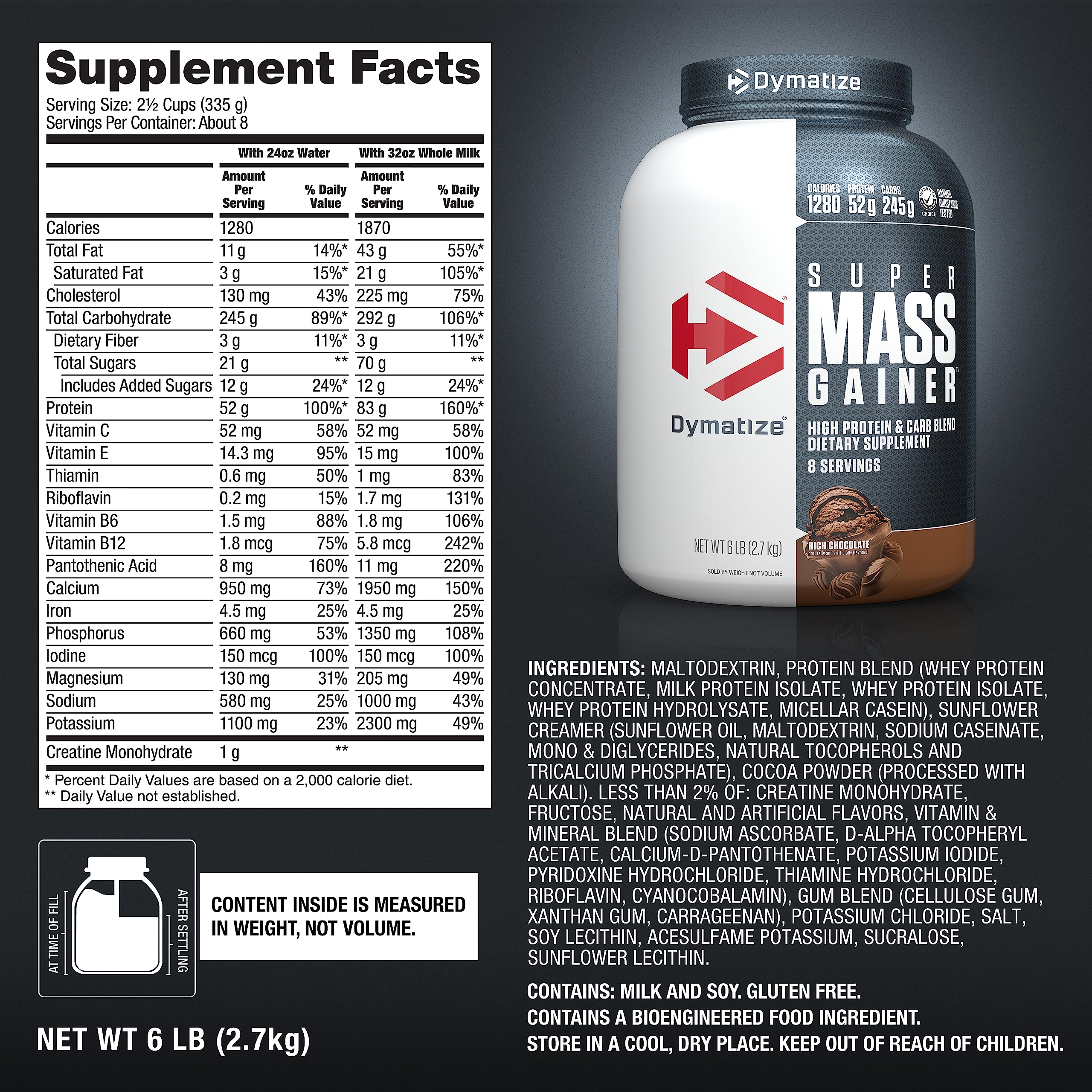 Dymatize Super Mass Gainer ingredients include whey, casein, and isolates
