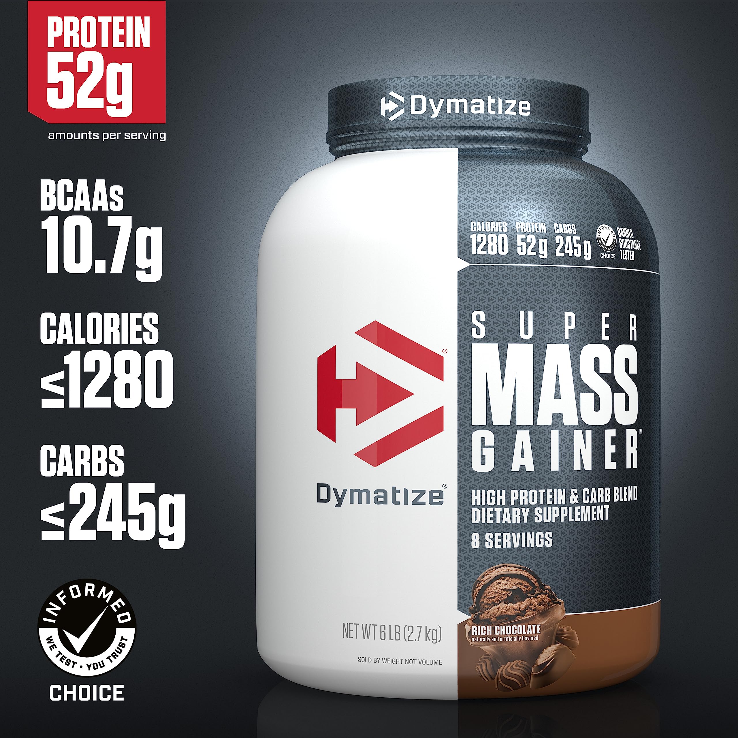 Dymatize Super Mass Gainer scoop ready to mix into a calorie-packed shake