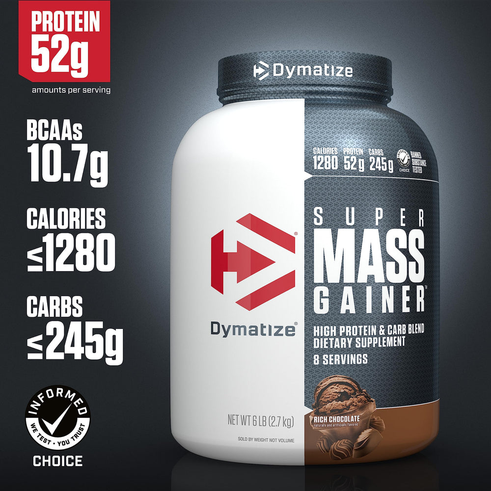 Dymatize Super Mass Gainer scoop ready to mix into a calorie-packed shake