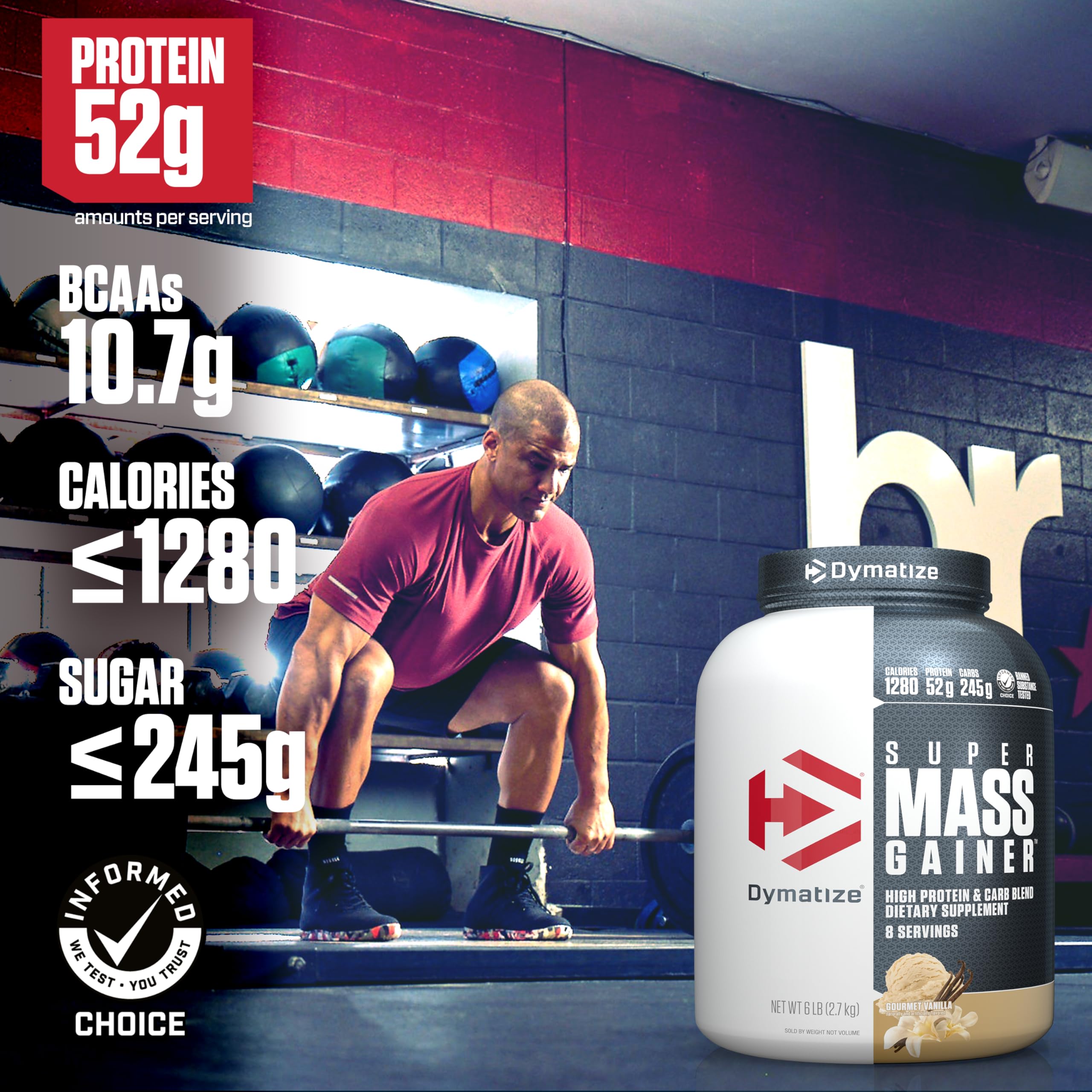 Scoop of Dymatize Super Mass Gainer ready for measuring and mixing.