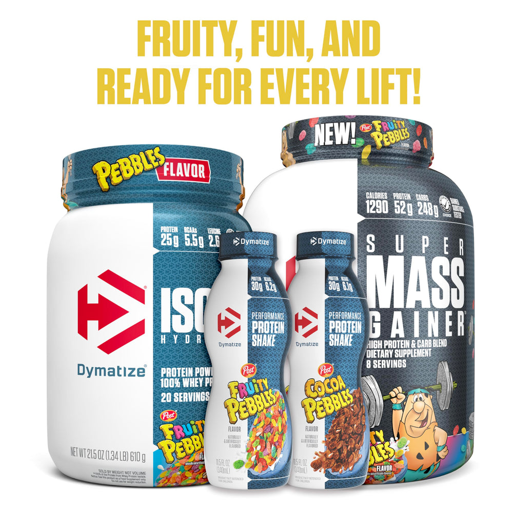 Serving information card for Dymatize Mass Gainer emphasizing protein and calories.