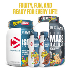 Serving information card for Dymatize Mass Gainer emphasizing protein and calories.