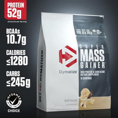 Dymatize Super Mass Gainer vanilla ingredients close-up shows whey, casein, and isolates