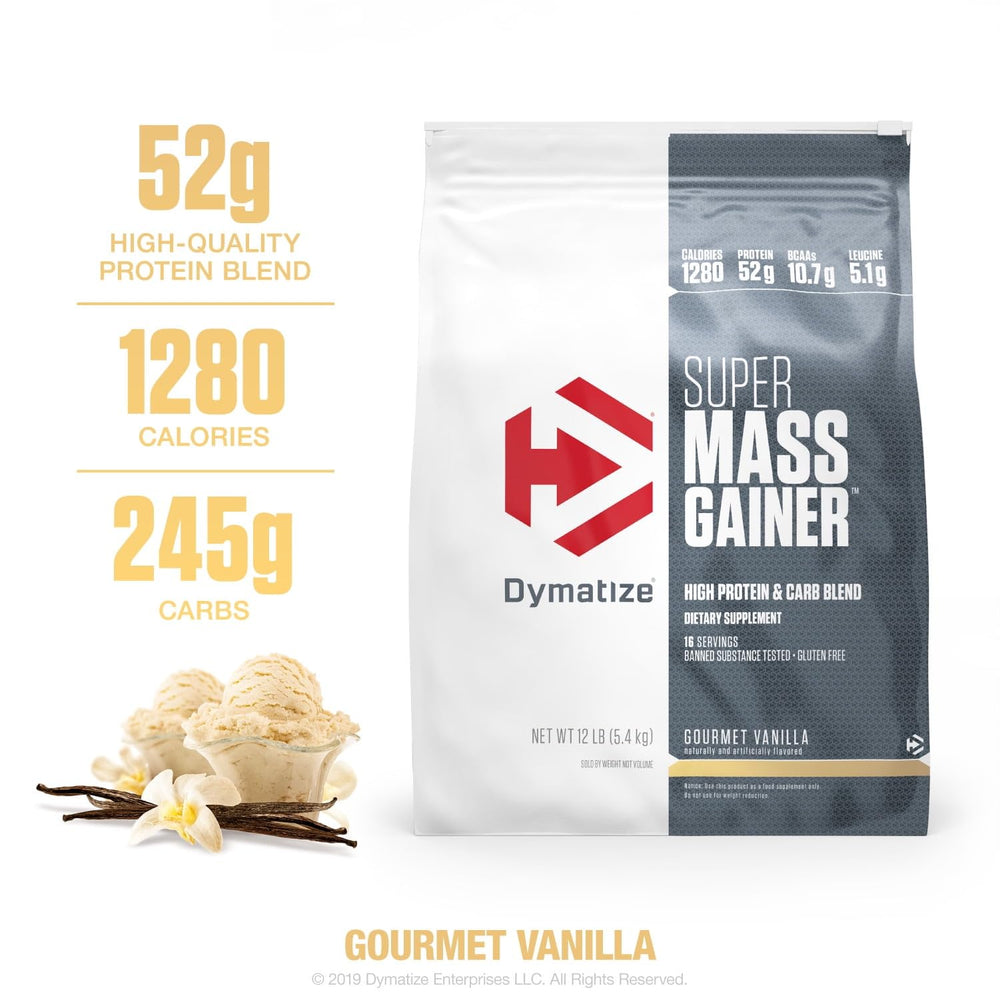 Dymatize Super Mass Gainer vanilla scoop highlights protein-packed serving