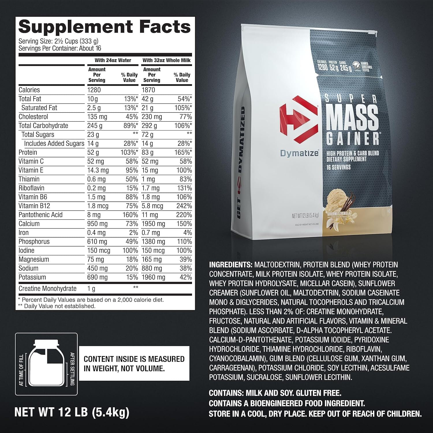 Dymatize Super Mass Gainer vanilla shake glass shows a calorie-dense shake
