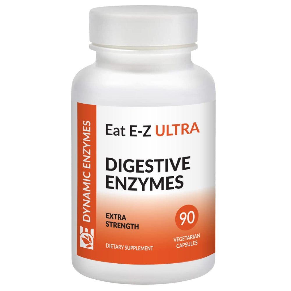 Dynamic Enzymes Eat E-Z Ultra bottle pouring for on-the-go digestion support.