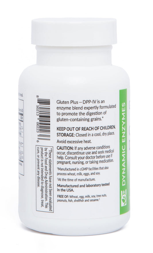 Dynamic Enzymes Gluten Plus capsules close-up showing vegetarian capsules for convenient use.