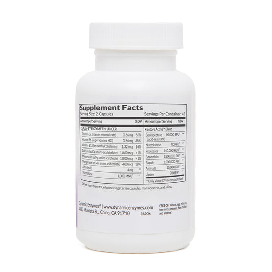 Dynamic Enzymes Restore ACTIV serrapeptase label close-up highlighting acid-resistant formula