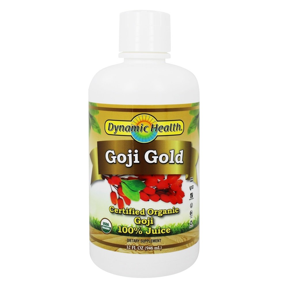 Dynamic Health Goji Gold Juice bottle, highlighting organic goji and potential antioxidant benefits.