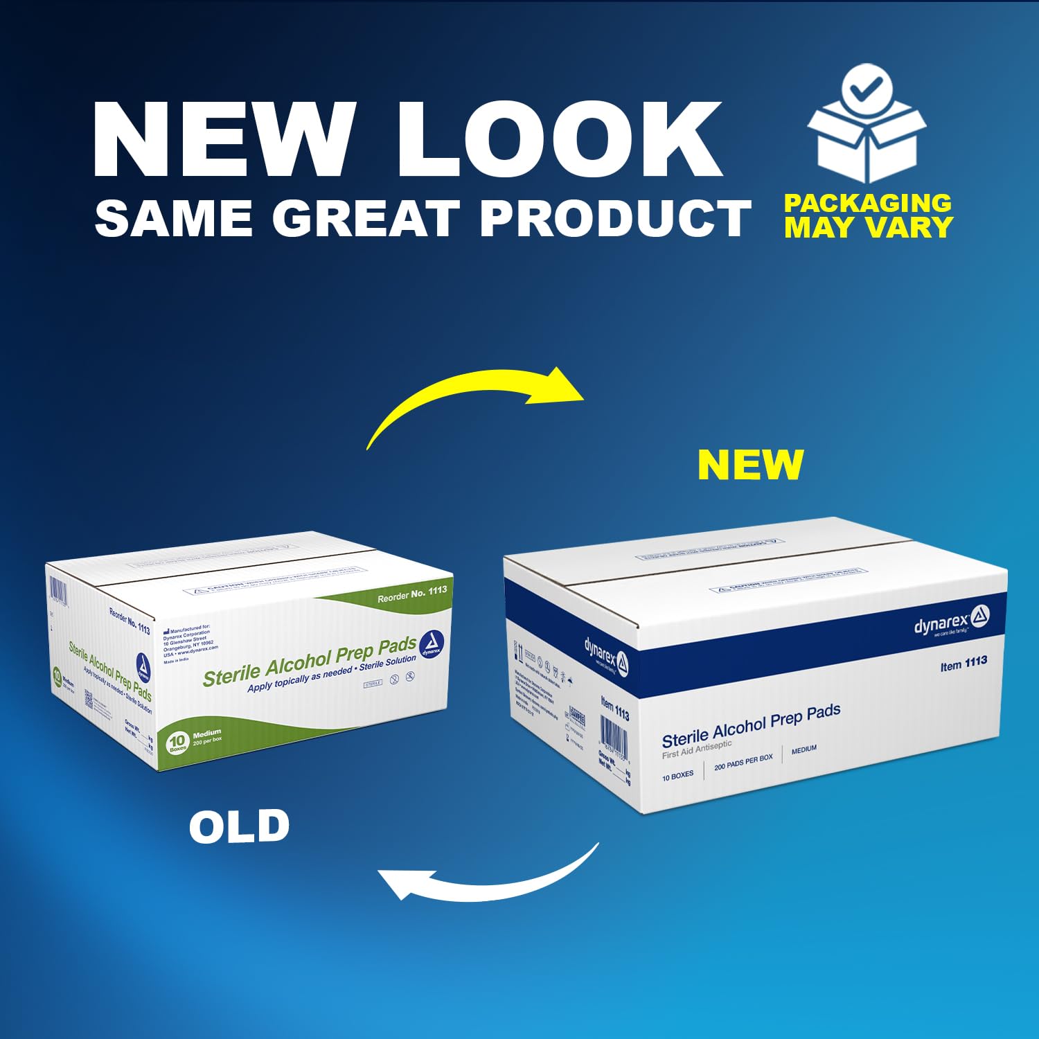 Dynarex 1113-CS sterile prep pad image highlights 70% IPA for quick external cleaning
