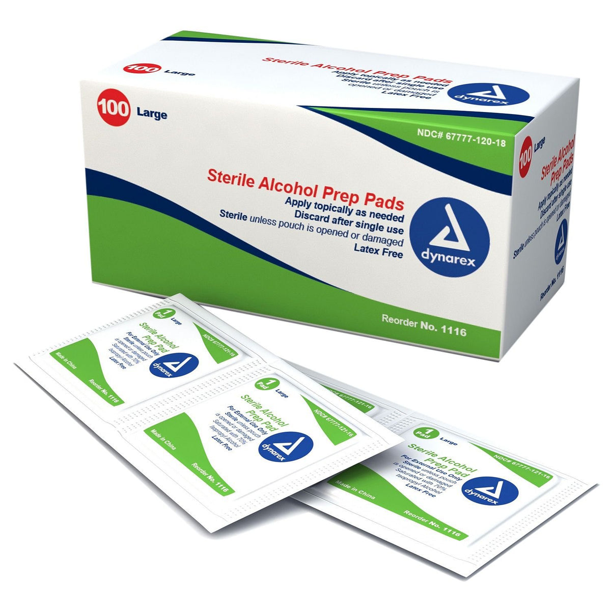 Dynarex alcohol prep pad large, sterile nonwoven pad for convenient first aid and skin prep.