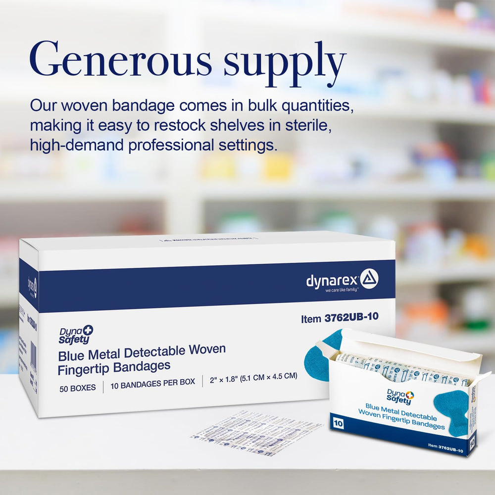 Blue Dynarex bandages packaging shows a case of 50 boxes for stocking.
