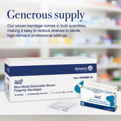 Blue Dynarex bandages packaging shows a case of 50 boxes for stocking.