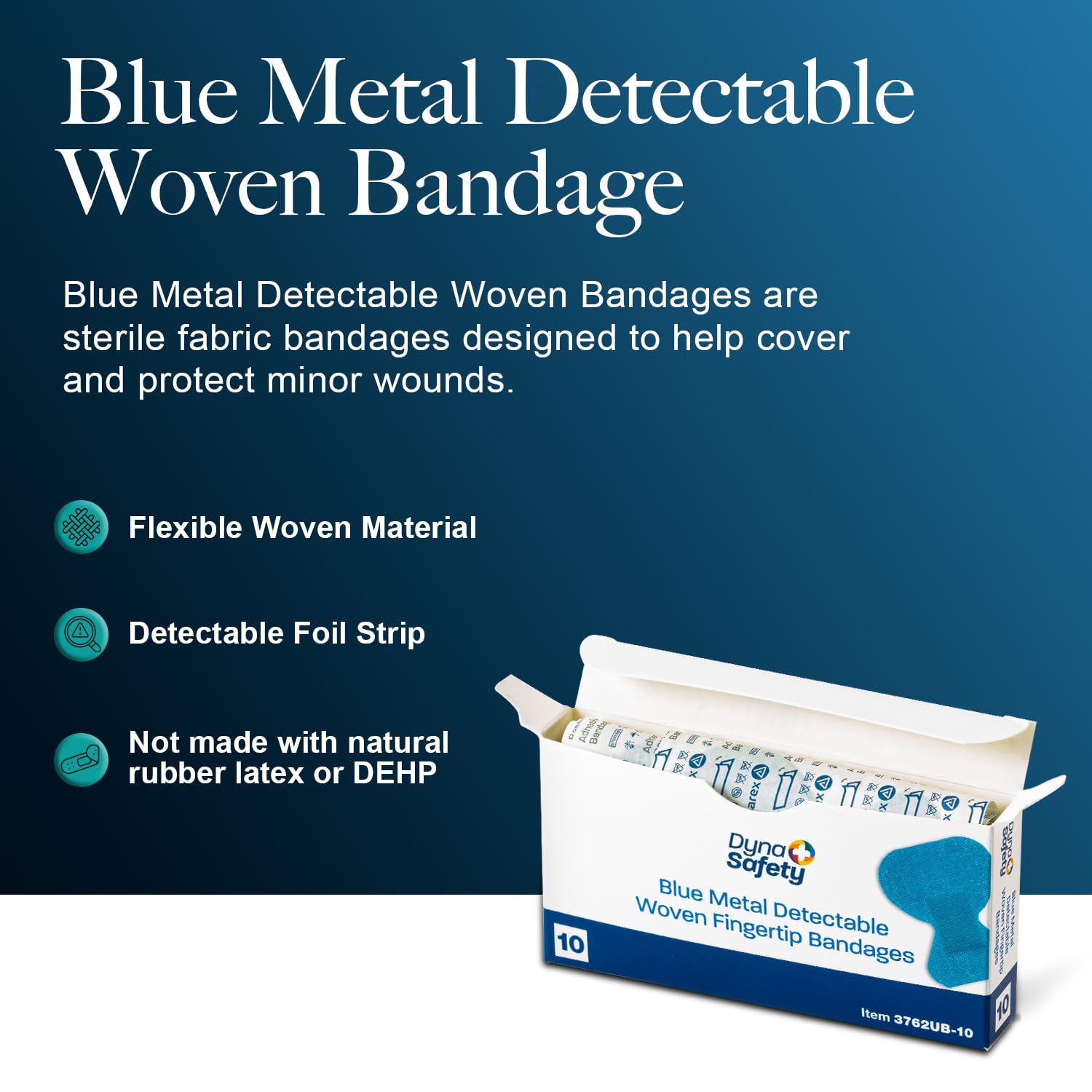 Dynarex blue bandages with internal foil strip enable reliable metal detection.