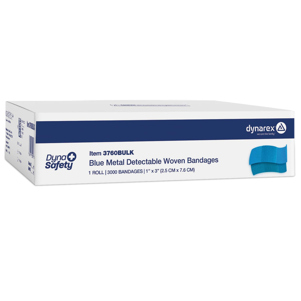 Dynarex blue metal detectable bandages with 1x3 cover offer quick wound visibility for first aid.