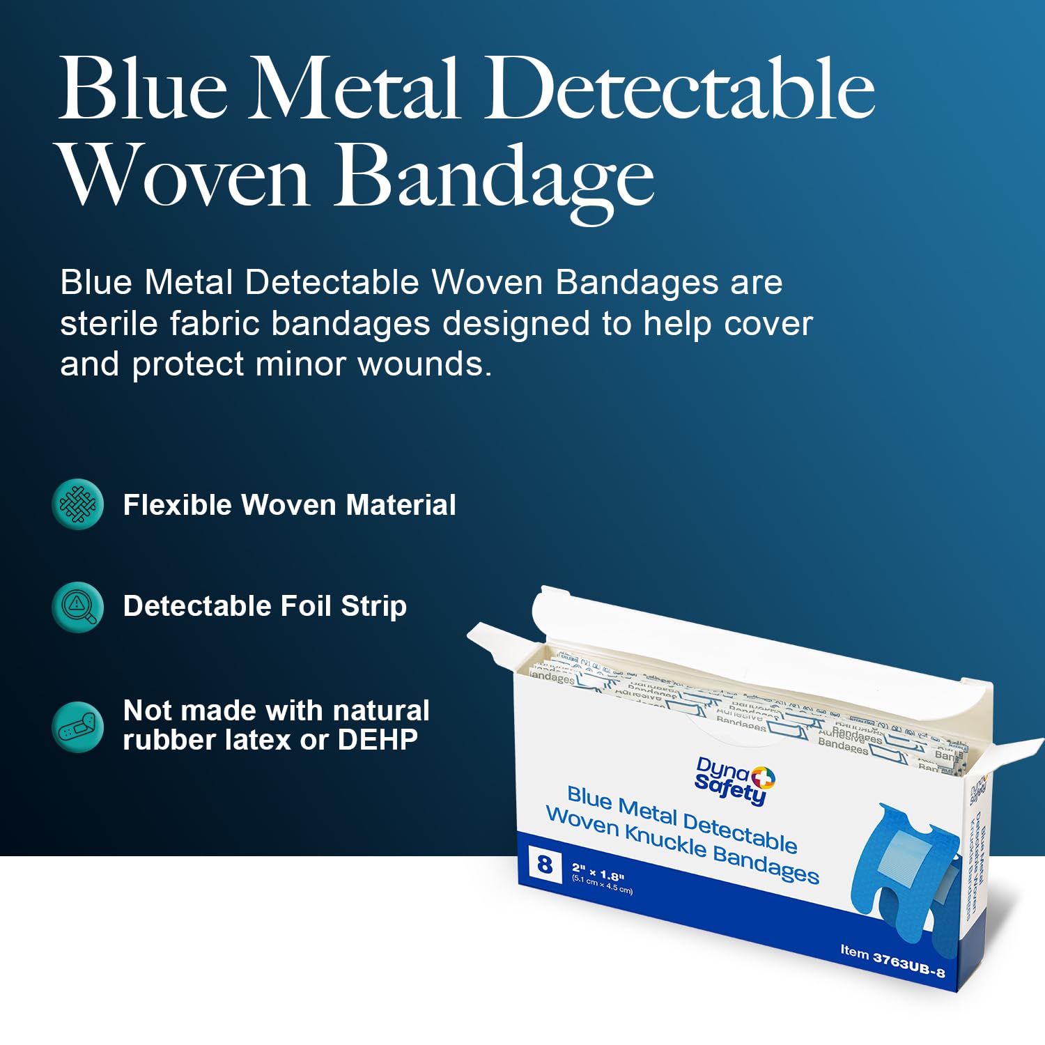 Dynarex blue bandages reveal internal foil strip for easy detection in settings.
