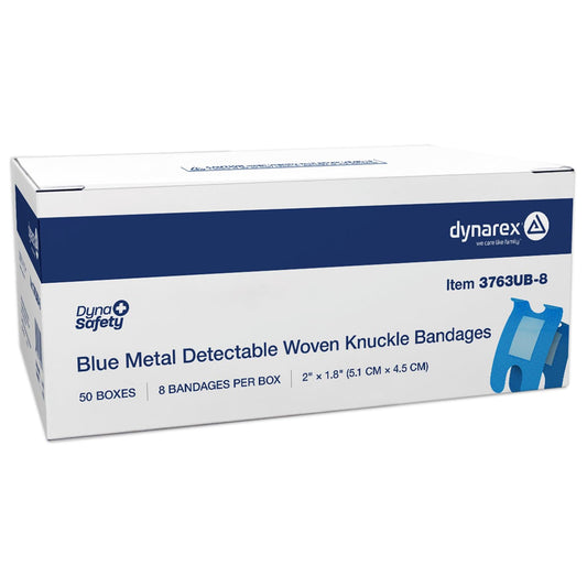 Dynarex blue metal detectable knuckle bandages with woven fabric for easy visibility.