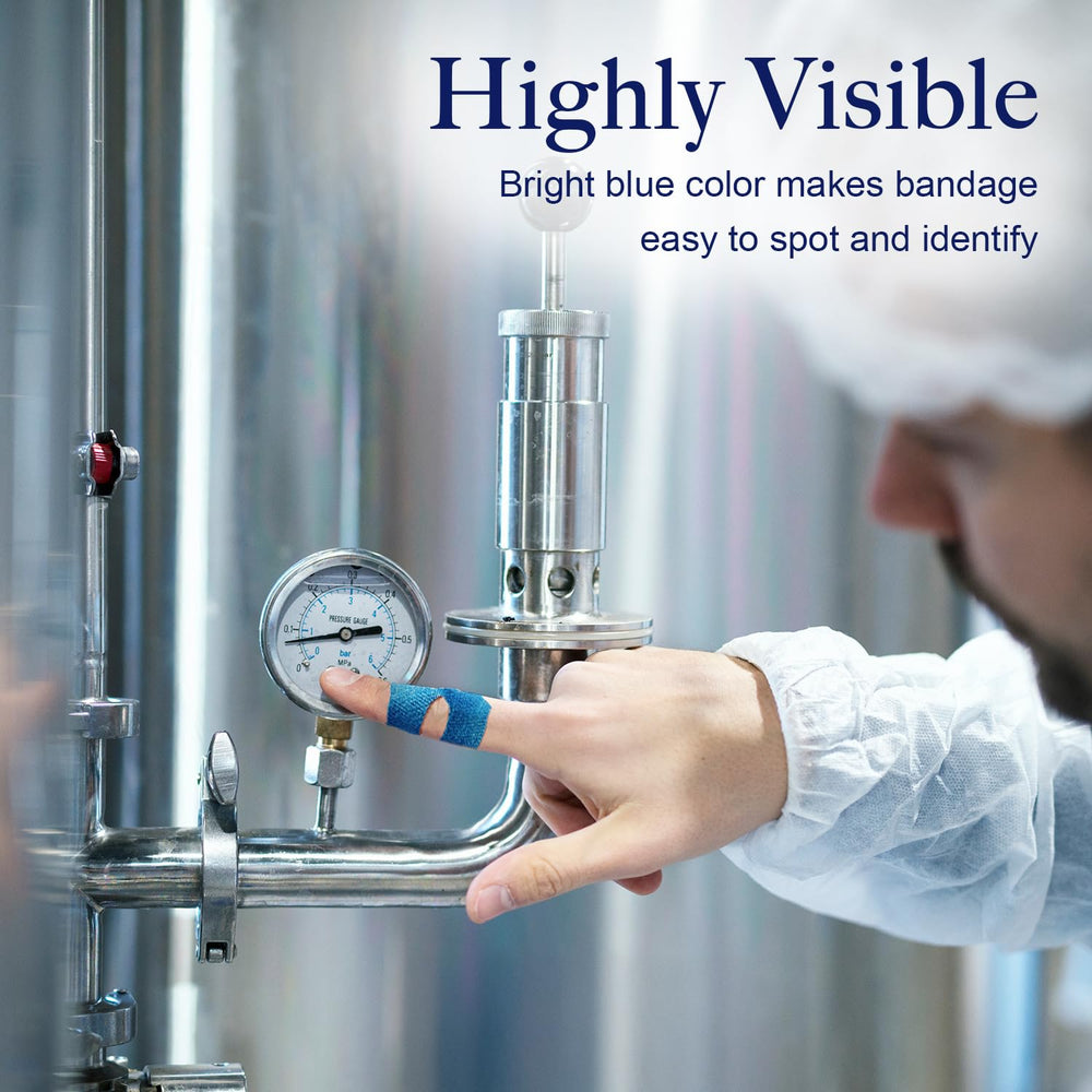 Dynarex blue metal detectable bandages improve visibility in busy kitchens.