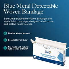 Dynarex blue bandages offer high visibility for quick spotting in workspaces.