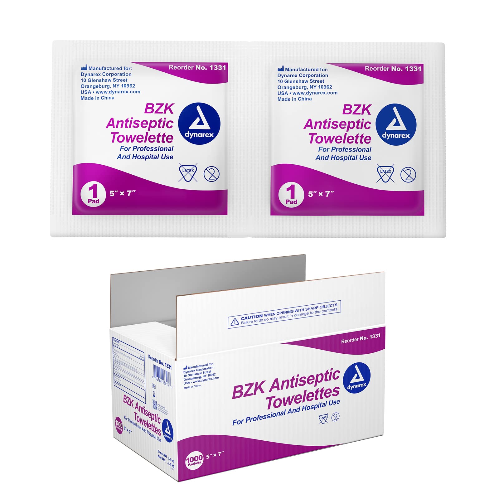Dynarex BZK antiseptic towelettes in packaging for quick first aid use.