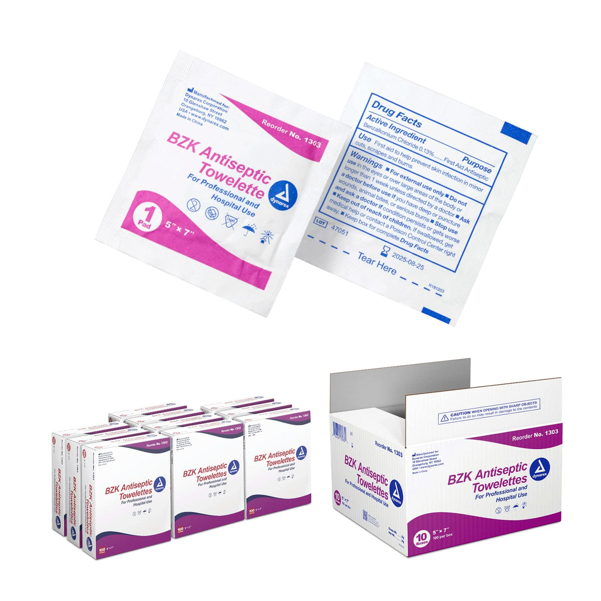 Dynarex BZK Antiseptic Towelettes pack for convenient on-the-go wound care.