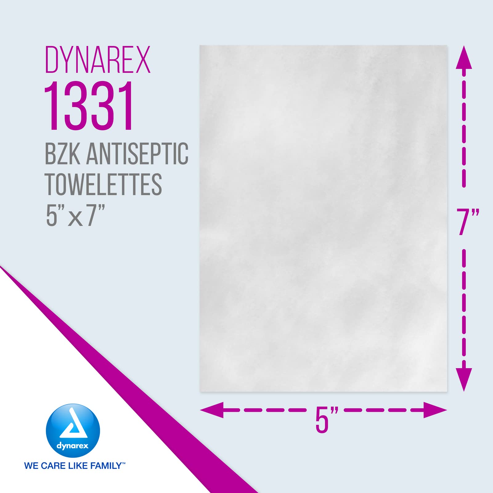 Individually wrapped Dynarex BZK towelettes provide portable wound cleansing.