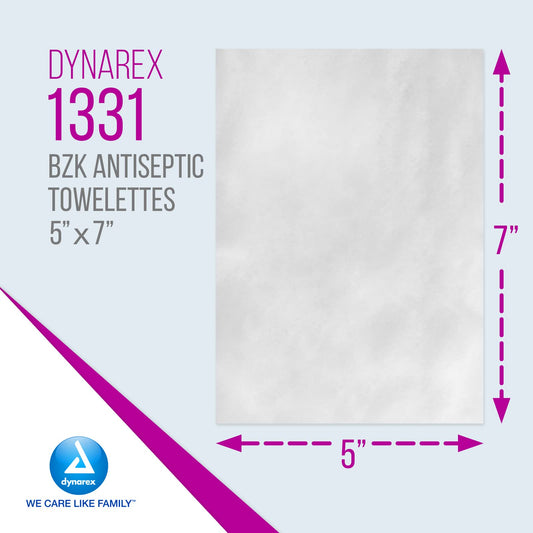 Individually wrapped Dynarex BZK towelettes provide portable wound cleansing.