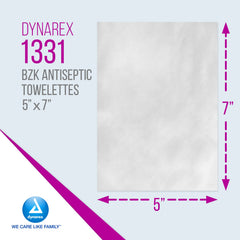 Individually wrapped Dynarex BZK towelettes provide portable wound cleansing.