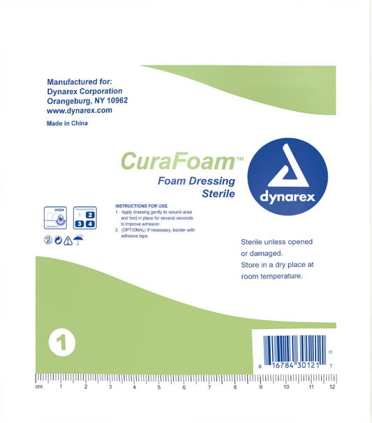 Dynarex CuraFoam absorbent foam dressing demonstrates non-adherent protection during changes.