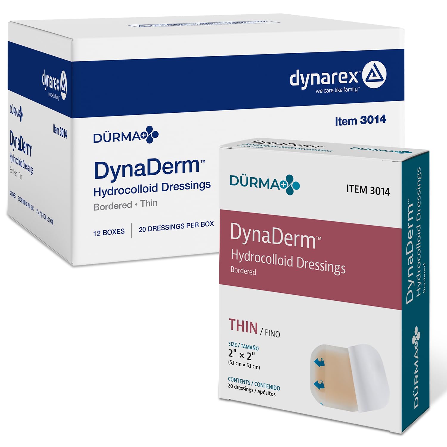 Dynarex DuraDerm hydrocolloid dressing box packaging for easy stocking.